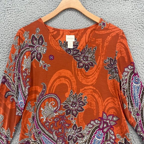 Chicos Top Womens 0 US Small Brown Russet Paisley Multi Print 3/4 Sleeve Stretch - Picture 2 of 10